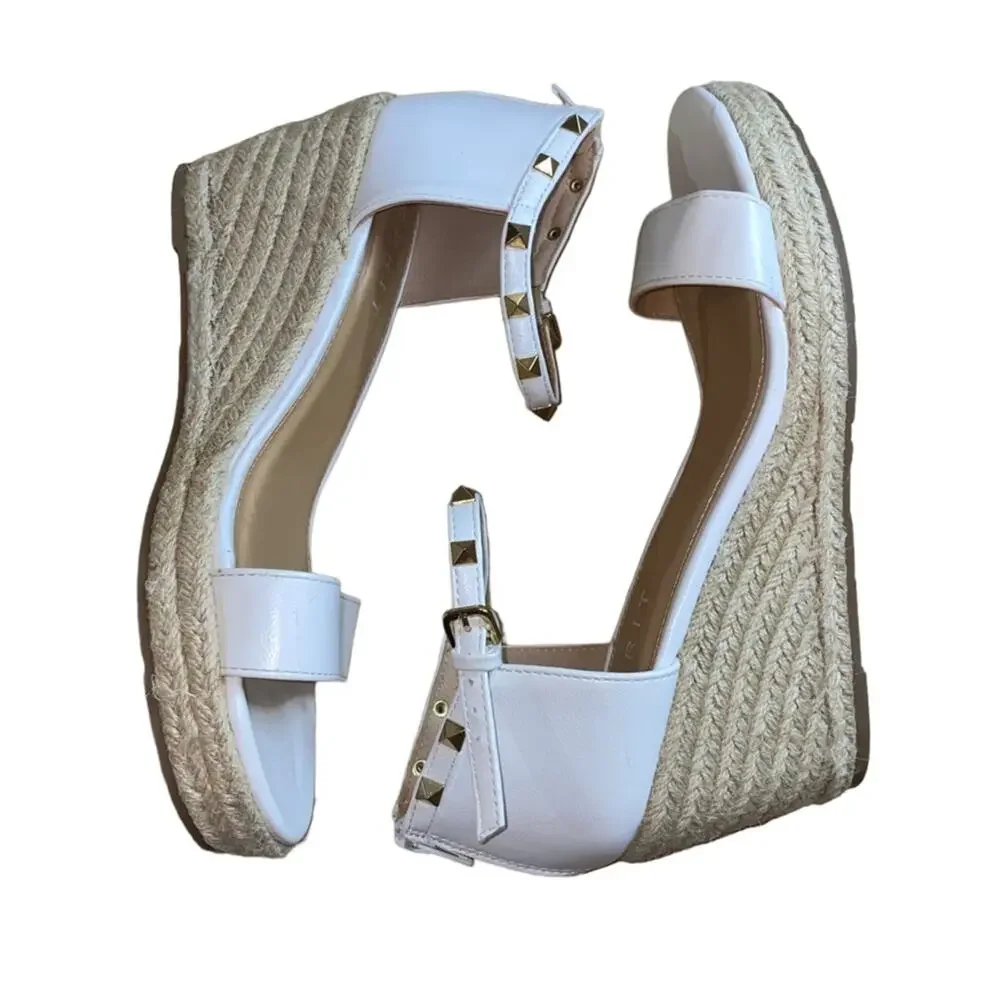 ESPRIT Romy Studded Espadrille Wedge Sandals Size 9.5 Ivory/Nude Ankle Strap